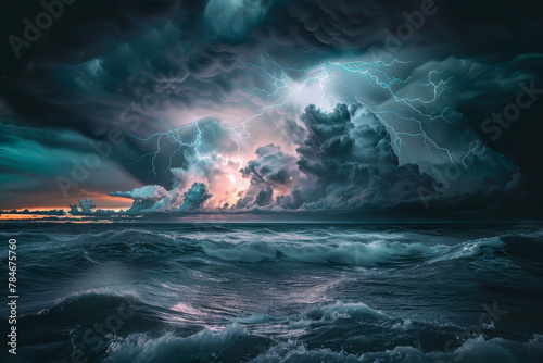 A stormy ocean with a dark sky and lightning