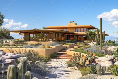 A Craftsman home in a desert landscape, with adobe walls, large overhangs for shade, and native landscaping, blending traditional style with adaptations for the arid environment.