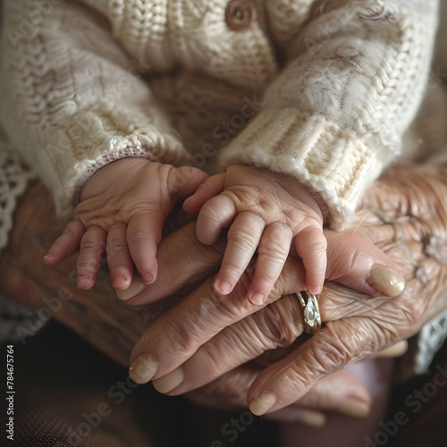 an older woman with a ring on her finger is holding baby hands