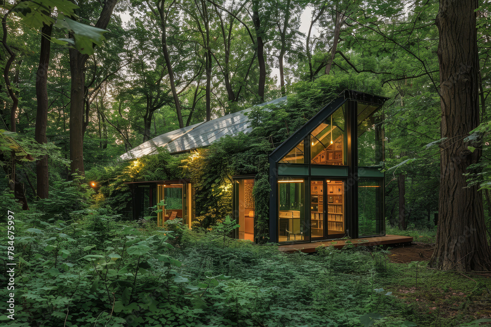 A small house with a green roof and a lot of greenery surrounding it A small house with a green roof and a lot of greenery surrounding it