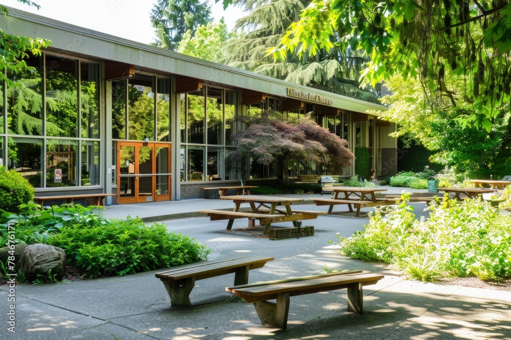 Tranquil University Campus Building with Lush Greenery and Outdoor Seating Area