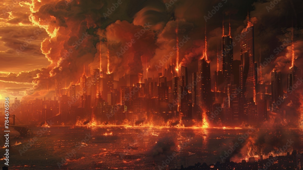 Fiery apocalypse over a modern cityscape - A dystopian future illustrated with a fiery sky engulfing skyscrapers, evoking an end-of-world scenario - obrazy, fototapety, plakaty 