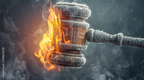 Icy gavel ablaze amidst smoke and fire - A thought-provoking image depicting a frozen gavel caught in a fiery blaze, representing the clash of justice photo