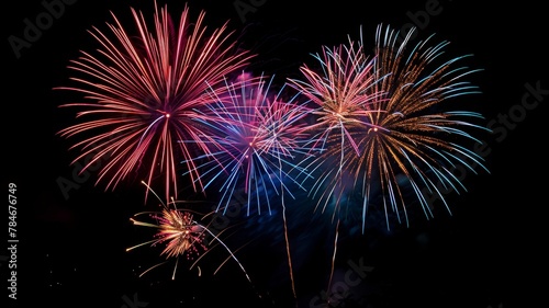 Colorful firework display against night sky - A vibrant firework display lights up the dark sky  symbolizing celebration and festivities