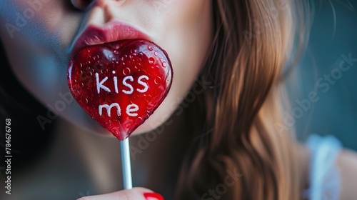 Close-up of a girl with a lollipop in the shape of a heart with words Kiss Me. photo