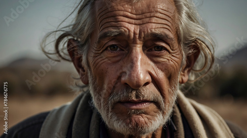 Ein weiser, vom Leben gezeichneter Mann, dessen Gesicht Geschichten und Erlebnisse verrät photo