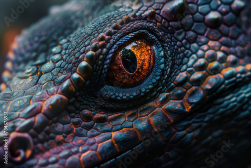 A close up of a lizard s eye with a red iris