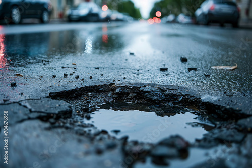 A pothole in the road with water in it photo