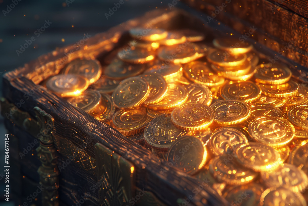 A wooden chest filled with gold coins A wooden chest filled with gold coins