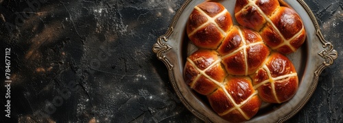 Easter. Good Friday. Freshly baked buns on a linen napkin. Selective focus.