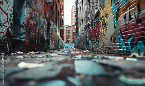 Illustrate a city alleyway scene at eye level with a grunge effect in traditional art medium Focus on portraying graffiti-covered walls, cracked pavement, and scattered debris to evoke a sense of urba