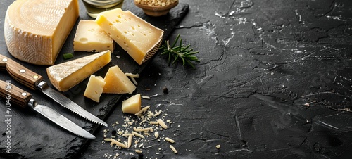 A set of hard cheeses with cheese knives on a black stone background. Parmesan. View from above. place for text. generative ai photo