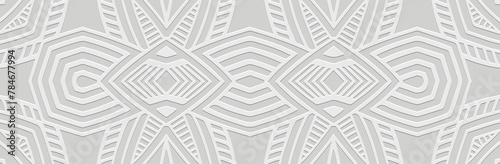 Banner. Relief geometric abstract 3D pattern on a white background. Ornamental cover design, handmade, abstract zentangle. Boho exoticism of the East, Asia, India, Mexico, Aztec, Peru. photo