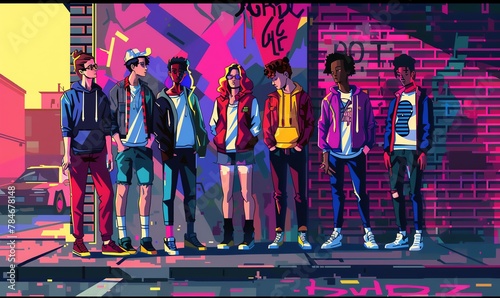 Illustrate a group of young people from an eye-level perspective in a pixel art style, each character distinct and engaging Utilize bright, punchy colors for a modern feel, Digital Rendering Technique