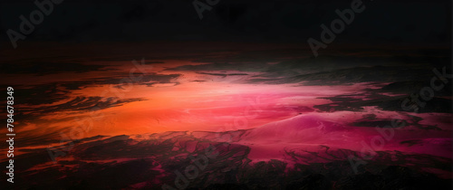 A breathtaking digital illustration of a dramatic landscape bathed in a spectrum of reds, pinks, and dark tones, conveying a sense of heat and otherworldliness