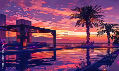 Illustrate a serene pixel art depiction of a tranquil poolside setting at sunset, with warm hues reflecting on the water, pixelated palm trees, and a hint of luxury in the form of subtle shimmering li