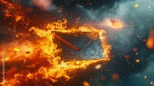 Burning envelope amidst blazing particles - An envelope engulfed in vivid flames surrounded by a shower of hot sparks and particles