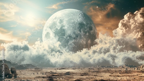 Desert landscape with an enormous moon at sunset - An evocative digital creation depicting a warm desert landscape caressed by sunset light with a dominating moon