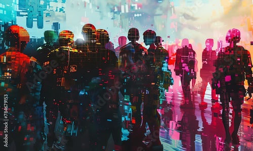 Illustrate a surreal digital world using glitch art techniques, where a diverse group of pixelated figures with futuristic elements are gathered in a wide-angle shot photo