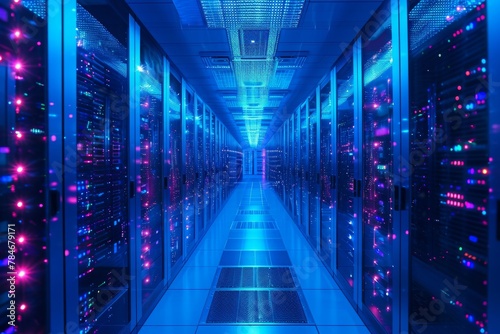 Multiple rows of servers in operation in a large data center, with blinking lights and cables connecting the units, A three-dimensional representation of a large scale server, AI Generated