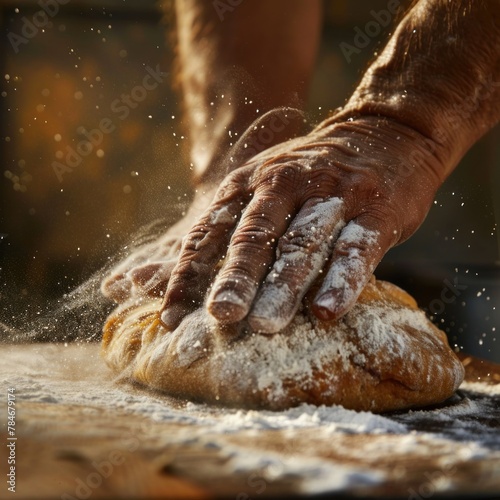 Baker's hands dusting flour on fresh dough