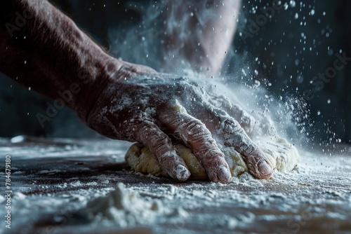 Baker s hands kneading dough with flour dust
