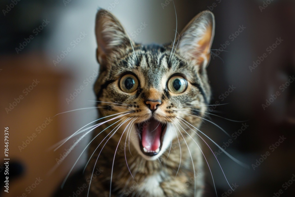 Close-up of an astonished tabby cat with mouth open and big eyes