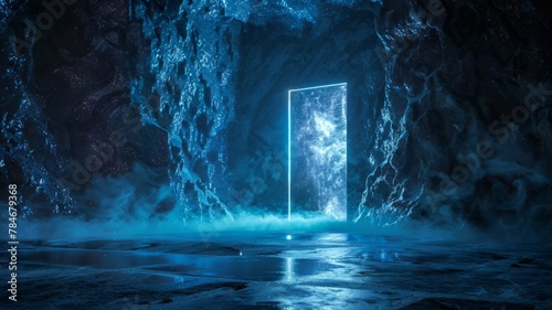 Ethereal blue portal in a mystical cave setting - Striking blue light forms a door-like portal in the heart of a cavern, hinting at a hidden world photo