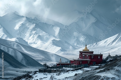 A red building stands atop a snow-covered mountain, showcasing the striking contrast between man-made structure and the natural surroundings, A Tibetan monastery in the Himalayas, AI Generated