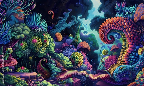 Illustrate a whimsical fantasy world filled with intricate details and fantastical creatures from a worms-eye view Utilize colored pencils to bring vibrant hues to life  complemented by a halftone eff