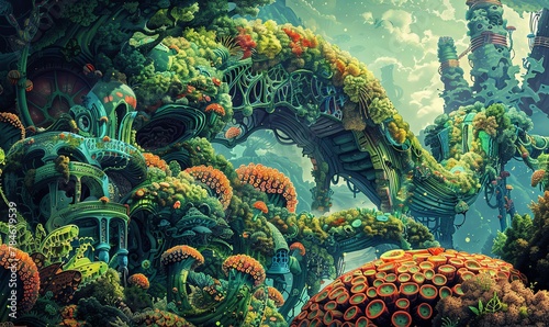 Illustrate a whimsical fantasy world filled with intricate details and fantastical creatures from a worms-eye view Utilize colored pencils to bring vibrant hues to life, complemented by a halftone eff