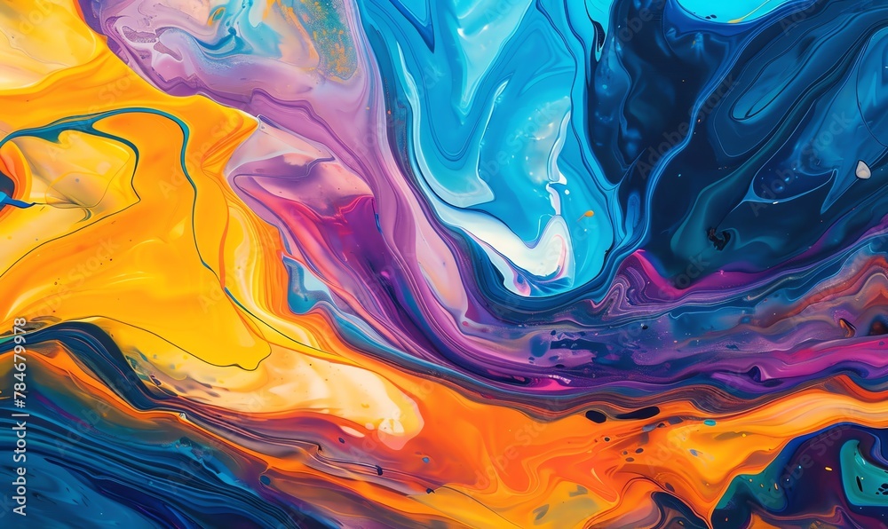 Illustrate the captivating beauty of liquid flow at eye level using vibrant acrylic colors Ensure the viewer feels the movement and energy of the flowing liquid in this traditional art piece
