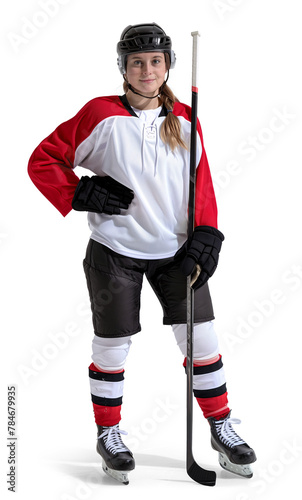 Pro ice hockey woman player in full equipment holding a stick, full body visible