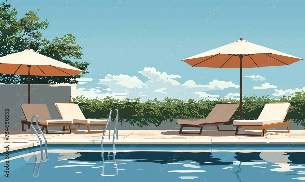 Fototapeta premium Illustrate the elegant simplicity of lounging chairs and umbrellas by a pool using a minimalist vector art style, focusing on clean lines and bold colors