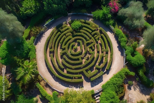 This aerial photograph captures the stunning expanse of a meticulously designed large circular garden  A top view of a labyrinthine maze in a garden  AI Generated