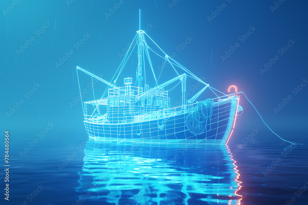 Intricate wireframe-based visualization of a glowing translucent background depicting a fishing boat, combining modern technology and traditional design for a captivating blend of aesthetics and digit