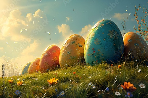 A colorful Easter egg decorated with flowers on a blue sky background. 