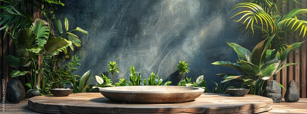Garden-themed beauty podium, realistic wood and stone with plant highlights for cosmetic, nature product advertisement Garden-themed beauty podium, realistic wood and stone with plant highlights for cosmetic, nature product advertisement