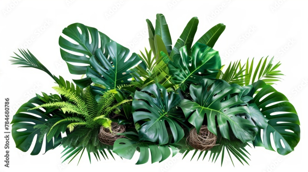 Green leaves of tropical plant bushes on white background, generative ai Green leaves of tropical plant bushes on white background, generative ai