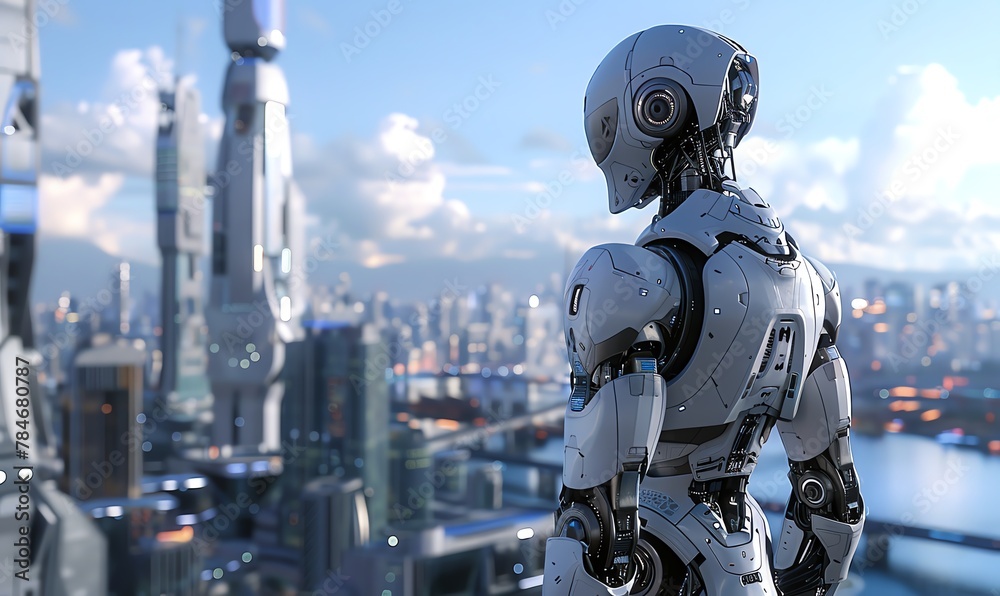 Incorporate a towering, futuristic robot in a sprawling urban landscape using CG 3D rendering, capturing the essence of technological innovation and progress Incorporate a towering, futuristic robot in a sprawling urban landscape using CG 3D rendering, capturing the essence of technological innovation and progress