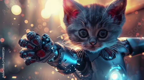 a cute little grey cat wearing a cyborg arm, exuding an theme with short hair and cel shading, depicted in a close-up angle with elaborate consistent background elements  photo