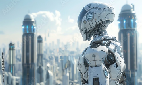 Incorporate a towering, futuristic robot in a sprawling urban landscape using CG 3D rendering, capturing the essence of technological innovation and progress