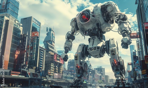 Incorporate a towering, futuristic robot in a sprawling urban landscape using CG 3D rendering, capturing the essence of technological innovation and progress