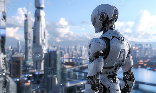 Incorporate a towering, futuristic robot in a sprawling urban landscape using CG 3D rendering, capturing the essence of technological innovation and progress