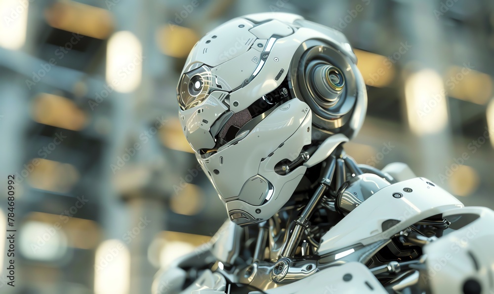 Produce a digital rendering of a sleek, futuristic robot in a clean, photorealistic style Showcase intricate details on its metallic body, emphasizing advanced technology Produce a digital rendering of a sleek, futuristic robot in a clean, photorealistic style Showcase intricate details on its metallic body, emphasizing advanced technology