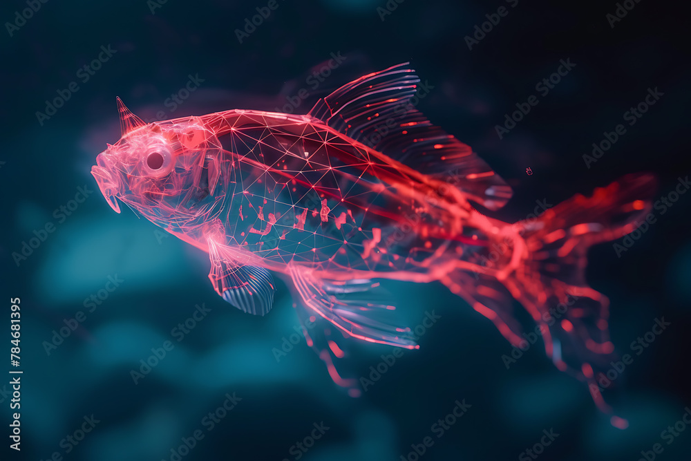 Intricate wireframe-based visualization of a fish set against a glowing translucent background, blending digital art with marine life themes to create a mesmerizing, futuristic depiction of the underw