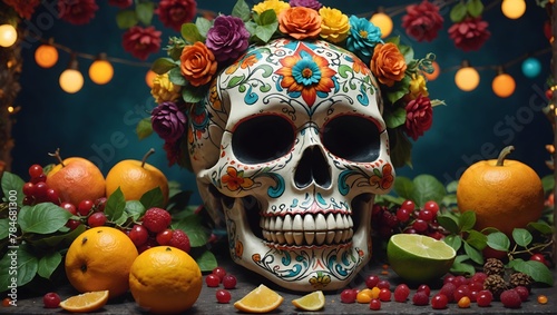 stunning-still-life-photo-render-of-a-Mexican-Skull-Calavera--surrounded-by-poetic-ornamental-elements-such-as-fruits--flowers--garlands-of-lights-and-native-plants--studio-li