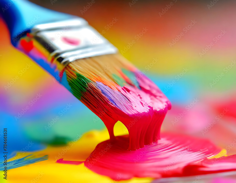 Fototapeta premium Vibrant Paintbrush Close-Up on Colorful Background. Generative AI