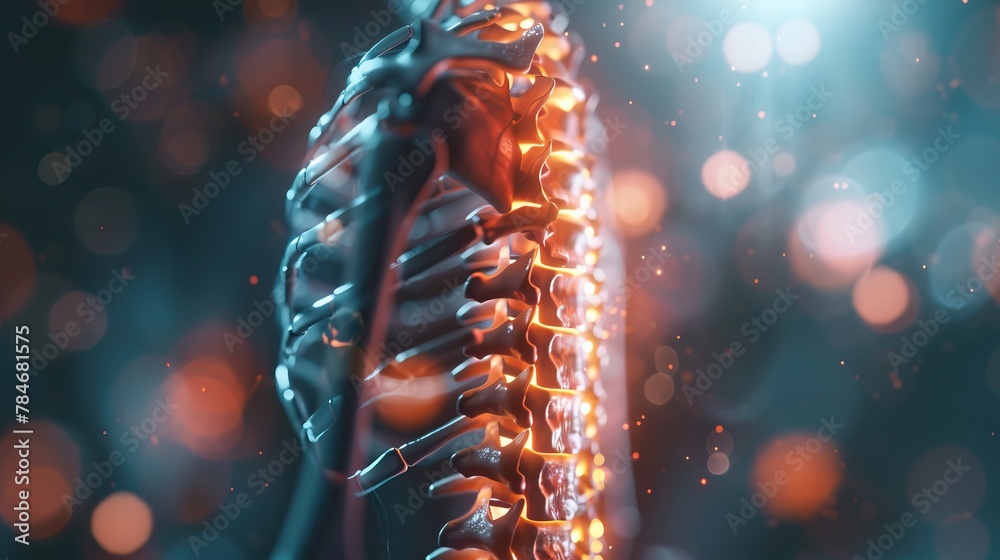 A medical professional is shown standing, with a highlighted area indicating a painful back, conveying discomfort potentially caused by various conditions such as muscle strain or spinal issues. - obrazy, fototapety, plakaty 