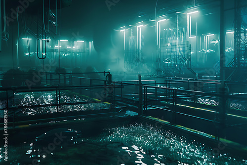 Intricate wireframe-based visualization of a glowing translucent background depicting a fishing farm, blending innovative technology with aquaculture themes to create a stunning and captivating digita